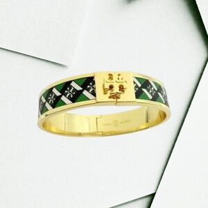 Tory Burch Leather Inlay Hinged Bangle Bracelet in Green, Gold, Black, White NWT